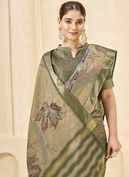 Chiku Signora Zari Silk Printed Casual Wear Saree.