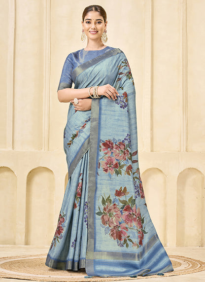 Sky Blue Pink Signora Zari Silk Casual Wear Saree.