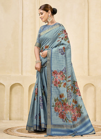 Sky Blue Pink Signora Zari Silk Casual Wear Saree.