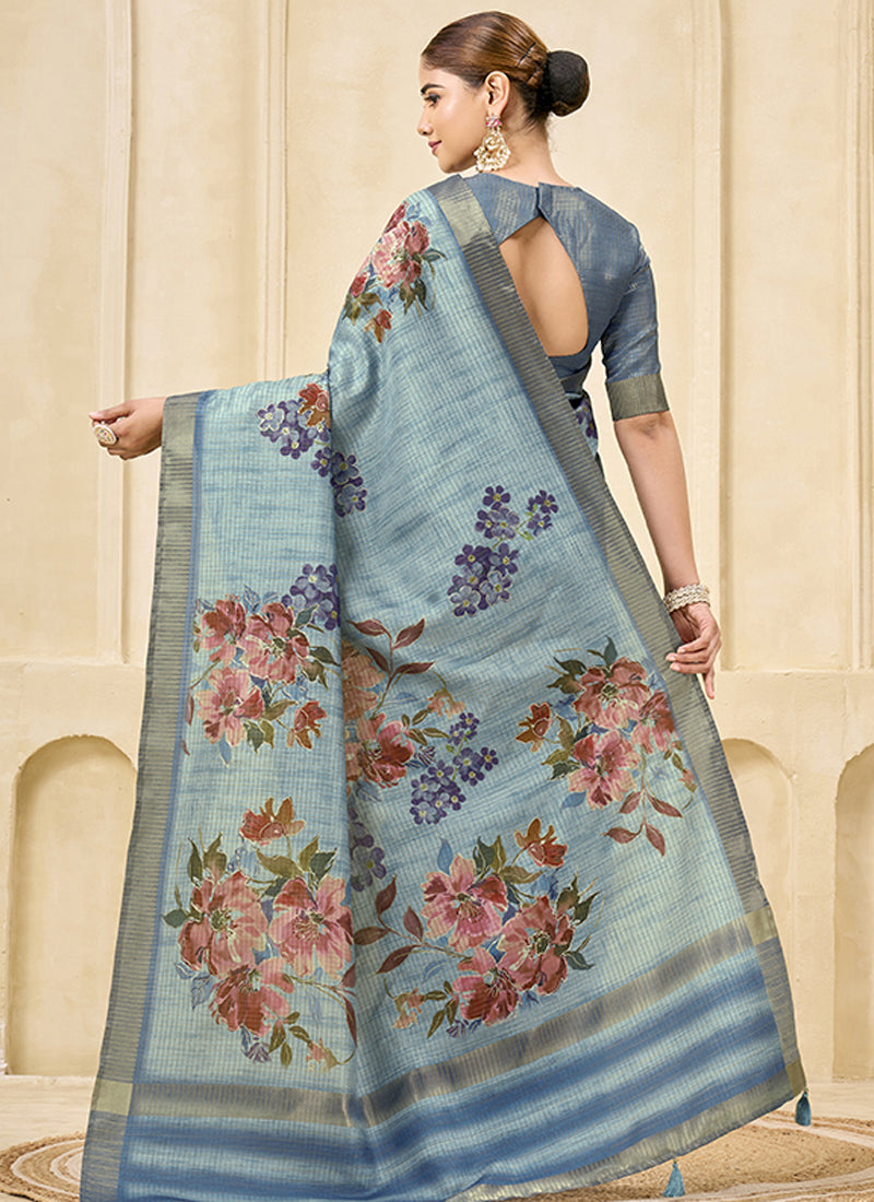 Sky Blue Pink Signora Zari Silk Casual Wear Saree.
