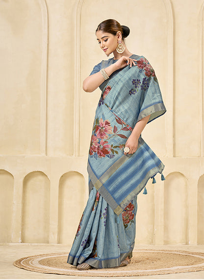 Sky Blue Pink Signora Zari Silk Casual Wear Saree.