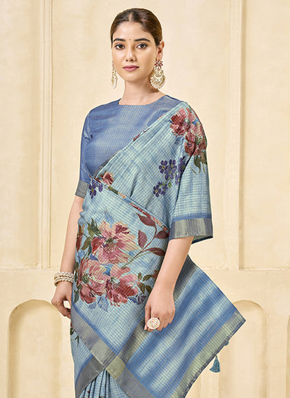 Sky Blue Pink Signora Zari Silk Casual Wear Saree.
