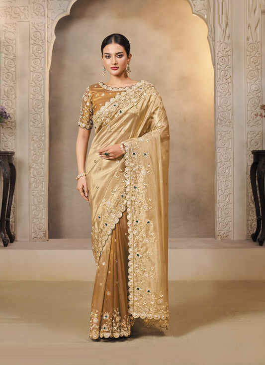 Beige & Golden Zari Tissue Silk Zardozi Embroidery, Stone Hand Work Heavy Designer Saree
