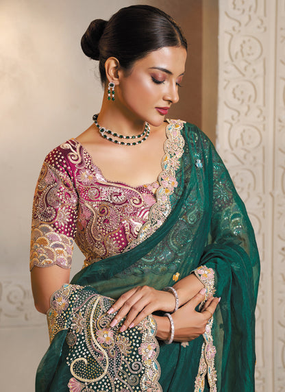 Green Organza Satin Multi Threads Embroidery With Handwork Heavy Designer Saree