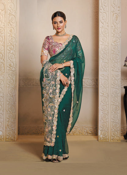 Green Organza Satin Multi Threads Embroidery With Handwork Heavy Designer Saree