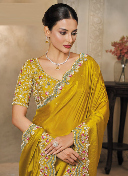 Mustard Soft Satin Silk Sequence Embroidery With Handwork Heavy Designer Saree