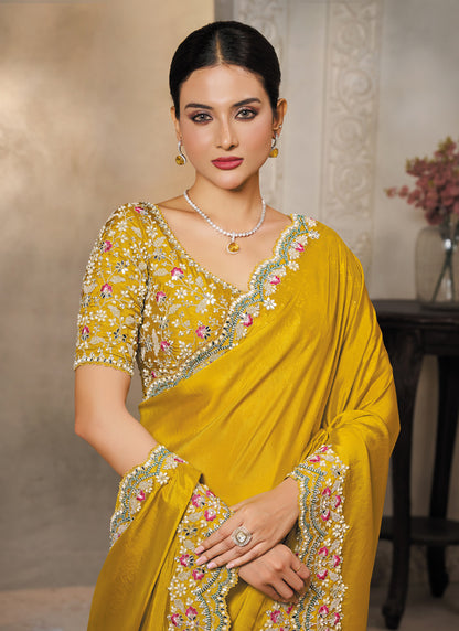 Mustard Soft Satin Silk Sequence Embroidery With Handwork Heavy Designer Saree