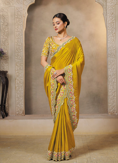 Mustard Soft Satin Silk Sequence Embroidery With Handwork Heavy Designer Saree