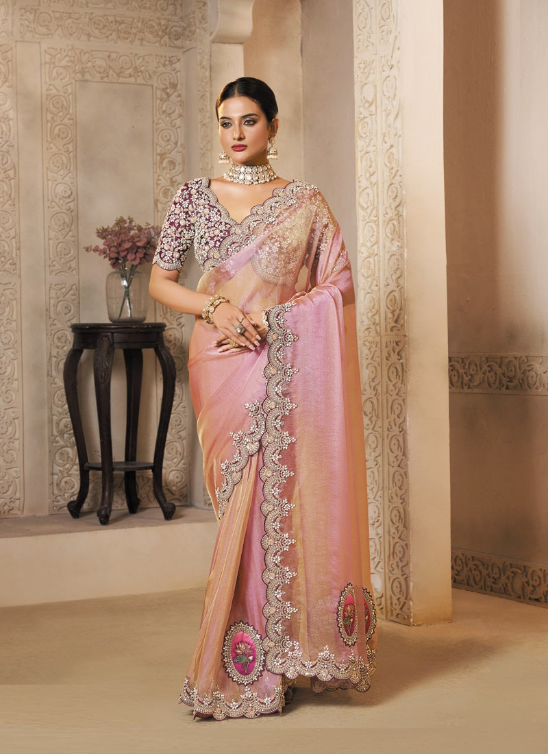 Baby Pink Zari Organza Sequence Embroidery With Stone Heavy Designer Saree