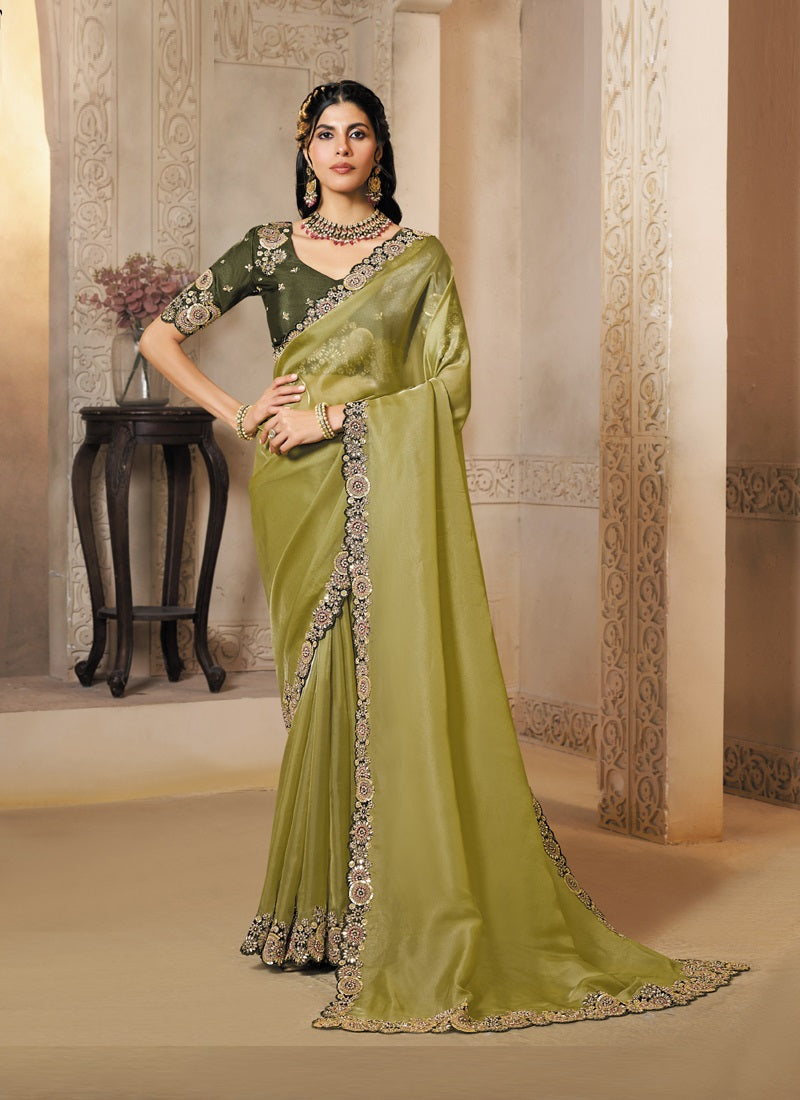 Mehndi Organza Satin Dual Sequence Embroidery With Handwork Heavy Designer Saree