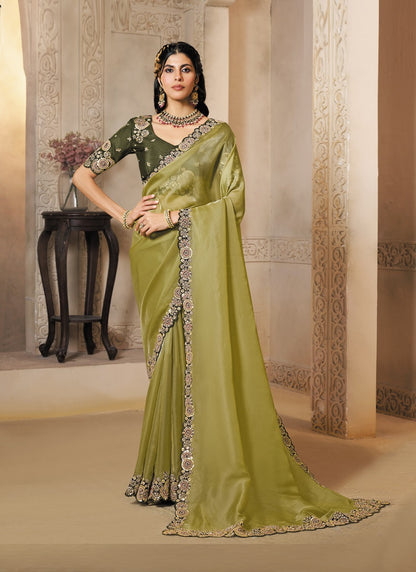 Mehndi Organza Satin Dual Sequence Embroidery With Handwork Heavy Designer Saree