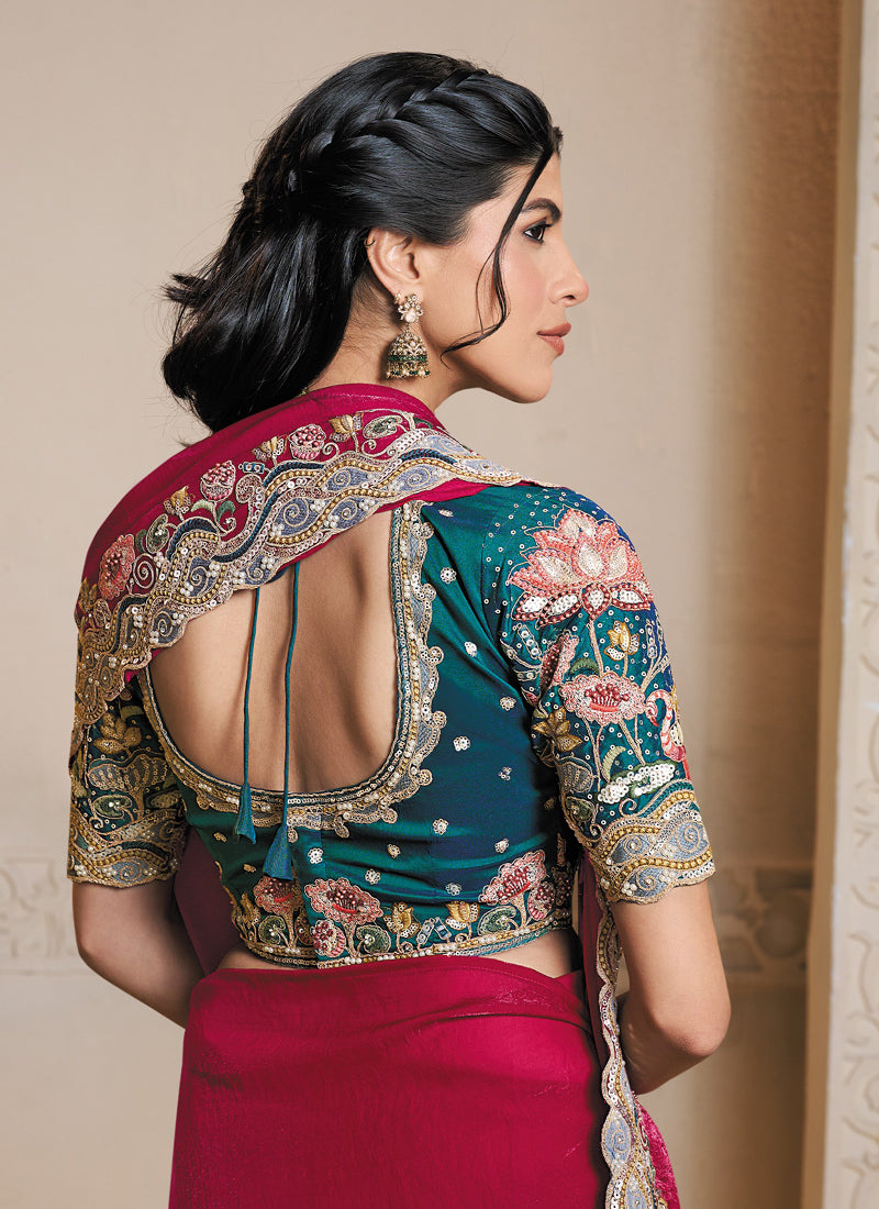 Rani Pink Satin Silk Multi Threads Embroidery & Hand Work Heavy Designer Saree