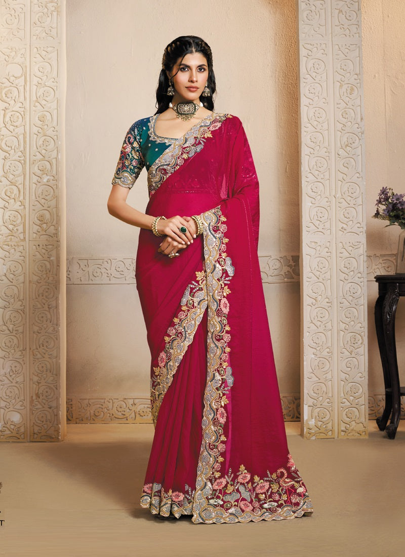Rani Pink Satin Silk Multi Threads Embroidery & Hand Work Heavy Designer Saree