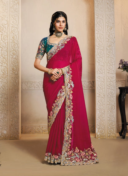 Rani Pink Satin Silk Multi Threads Embroidery & Hand Work Heavy Designer Saree