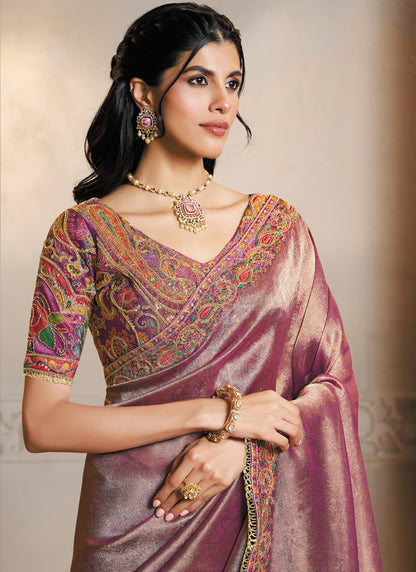 Onion Pink Kanjivaram Self Jacquard Silk Embroidery With Handwork Heavy Designer Saree