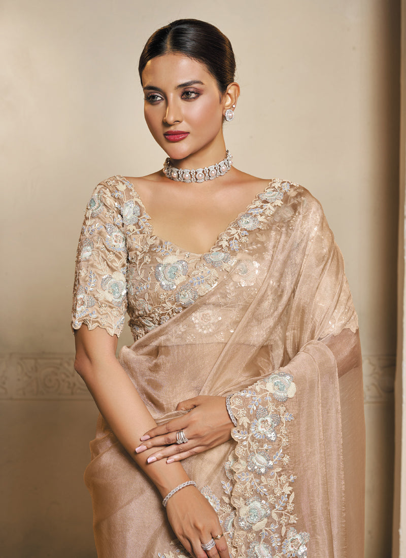 Beige Organza Crush Satin Sequence Embroidery With & Hand Work Heavy Designer Saree
