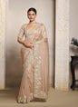 Beige Organza Crush Satin Sequence Embroidery With & Hand Work Heavy Designer Saree