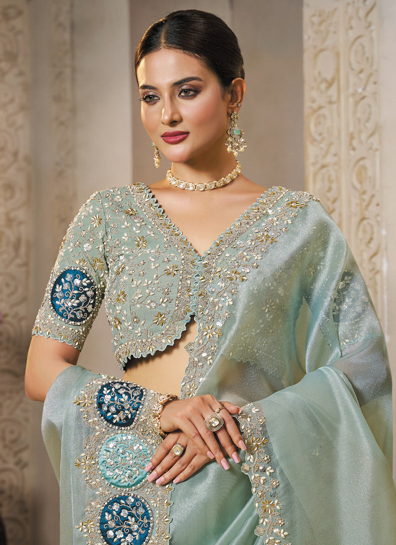 Light Sky Blue Organza Tissue Silk Sequence With & Handwork Heavy Designer Saree