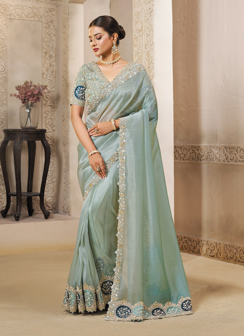 Light Sky Blue Organza Tissue Silk Sequence With & Handwork Heavy Designer Saree