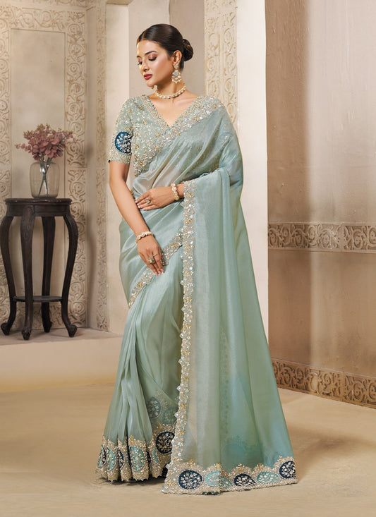 Light Sky Blue Organza Tissue Silk Sequence With & Handwork Heavy Designer Saree