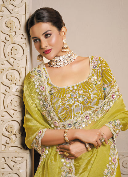 Lemon Yellow Organza Satin Multi Threads Embroidery With Stone & Handwork Heavy Designer Saree