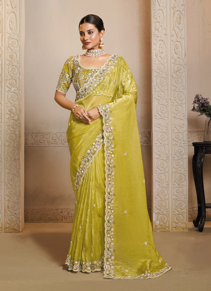 Lemon Yellow Organza Satin Multi Threads Embroidery With Stone & Handwork Heavy Designer Saree