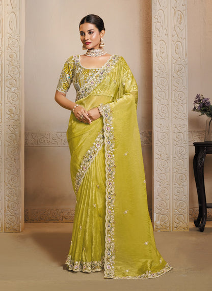 Lemon Yellow Organza Satin Multi Threads Embroidery With Stone & Handwork Heavy Designer Saree