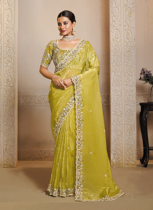 Lemon Yellow Organza Satin Multi Threads Embroidery With Stone & Handwork Heavy Designer Saree