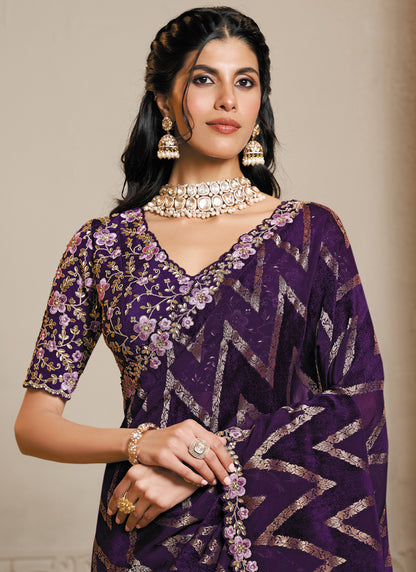 Dark Purple Jacquard Velvet Silk Multi Threads Embroidery & Handwork Heavy Designer Saree