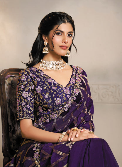 Dark Purple Jacquard Velvet Silk Multi Threads Embroidery & Handwork Heavy Designer Saree