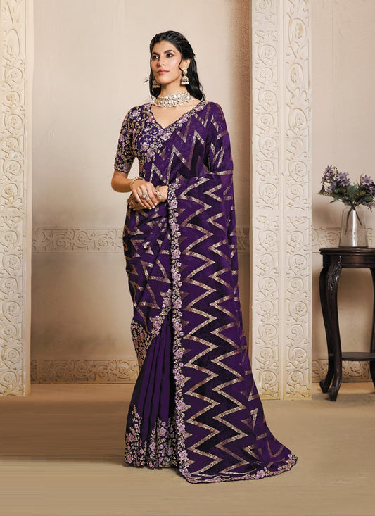 Dark Purple Jacquard Velvet Silk Multi Threads Embroidery & Handwork Heavy Designer Saree
