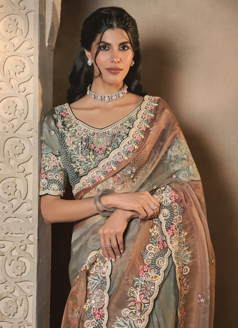 Multicolor Shaded Organza Satin Multi Threads Embroidery & Handwork Heavy Designer Saree