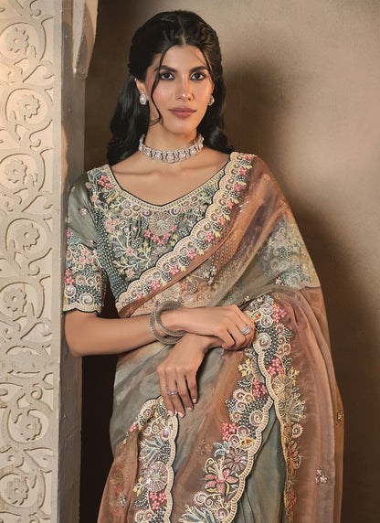 Multicolor Shaded Organza Satin Multi Threads Embroidery & Handwork Heavy Designer Saree