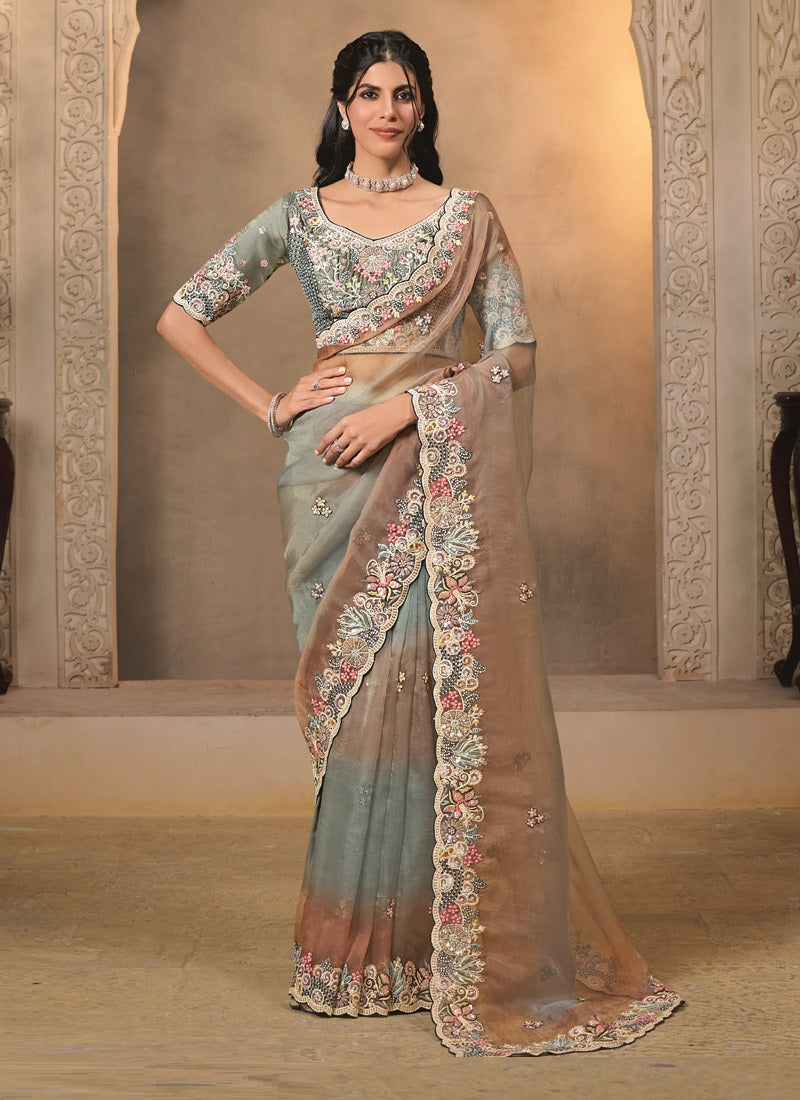 Multicolor Shaded Organza Satin Multi Threads Embroidery & Handwork Heavy Designer Saree
