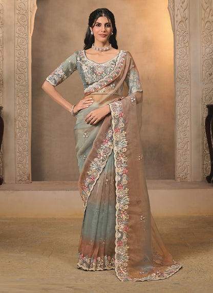 Multicolor Shaded Organza Satin Multi Threads Embroidery & Handwork Heavy Designer Saree