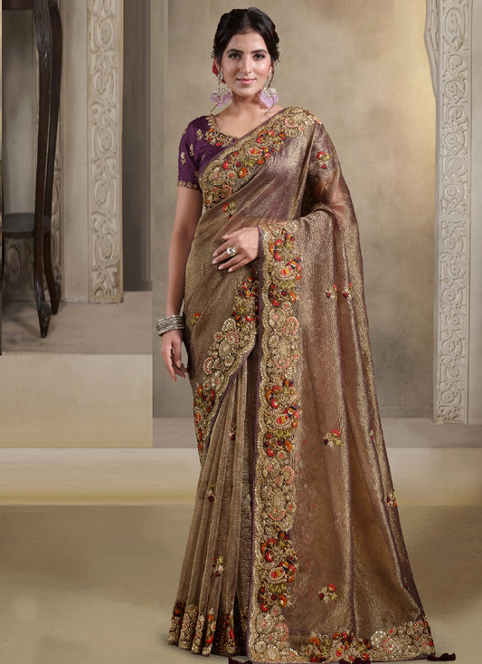 Coffee Banarasi Crush Khatli Work With Sequence Work Heavy Designer Saree