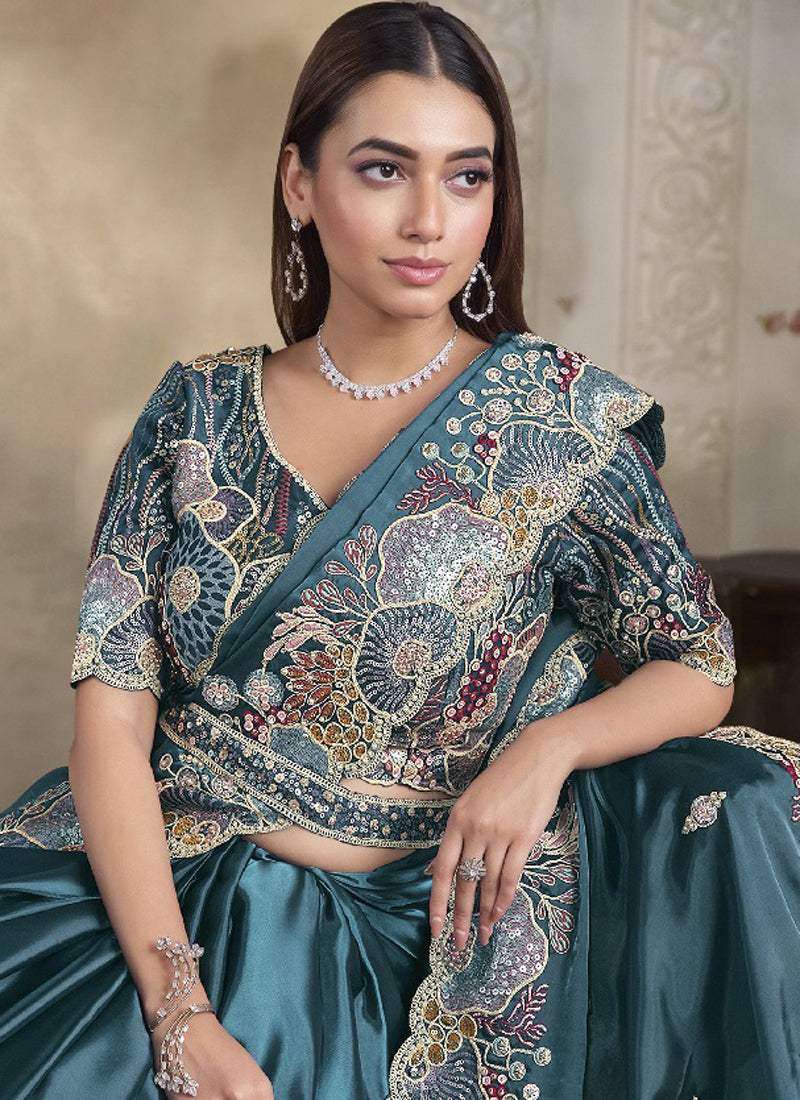 Peacock Blue Satin Silk Multi Sequence Handwork & Pearl Heavy Designer Saree