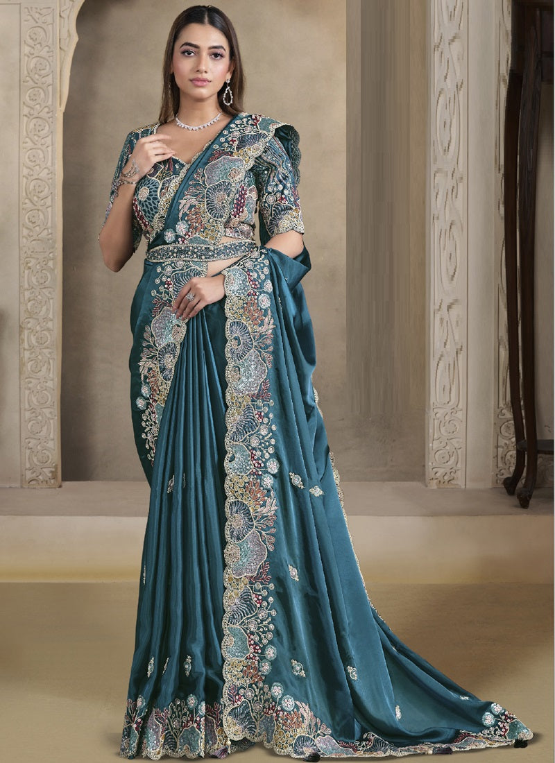 Peacock Blue Satin Silk Multi Sequence Handwork & Pearl Heavy Designer Saree