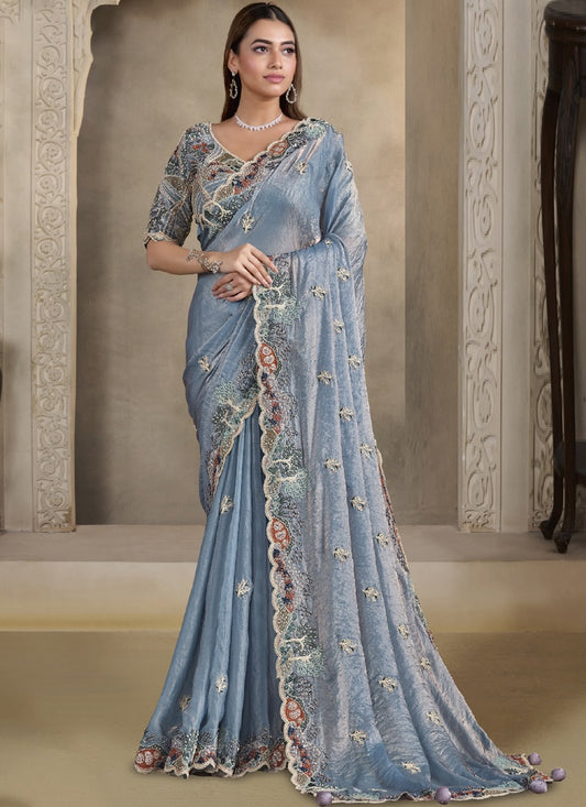 Steel Blue Satin Silk Multi Sequince Handwork Pearl & Thread  Heavy Designer Saree