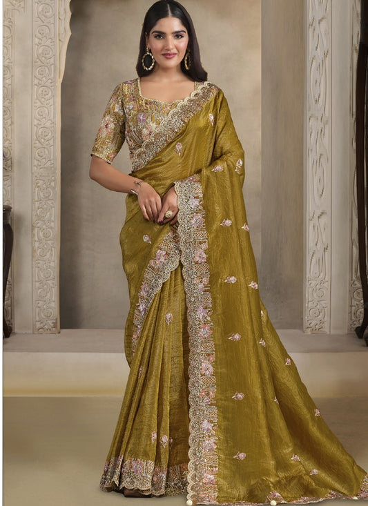 Golden Crush Paper Silk Multi Sequence Handwork Pearl & Thread  Heavy Designer Saree