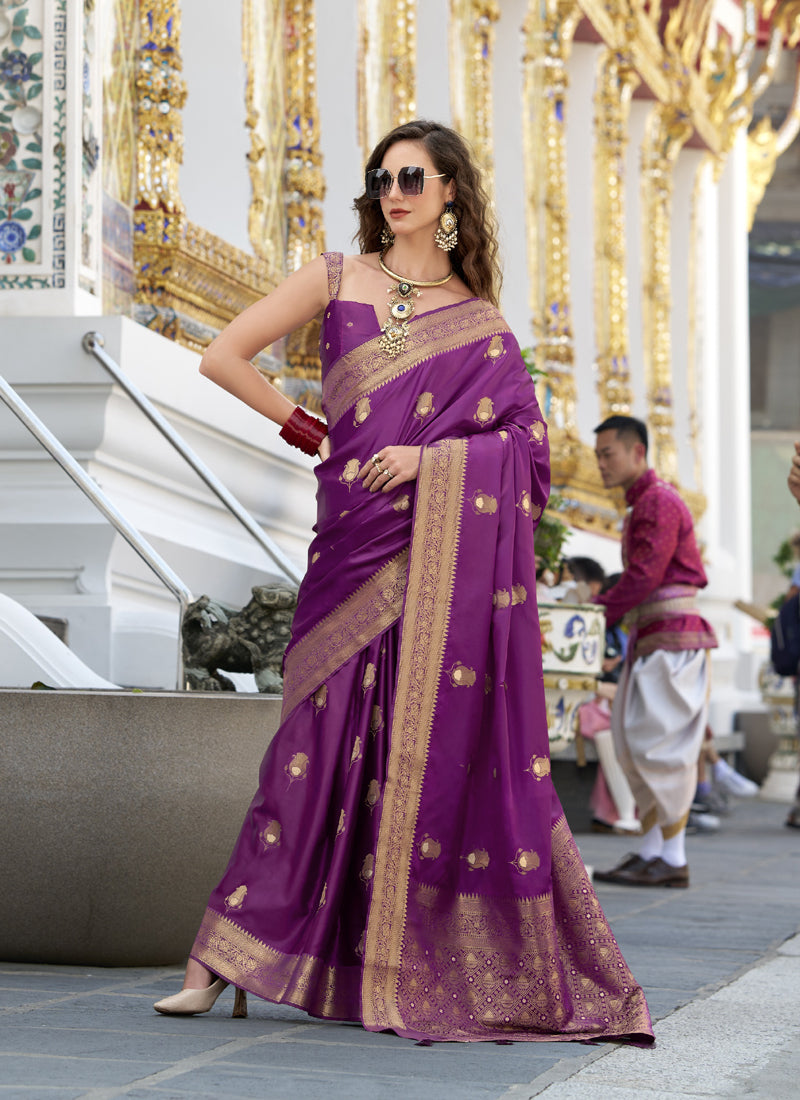 Satin Silk with Beautiful Zari Weaving Border & Designer Pallu Saree