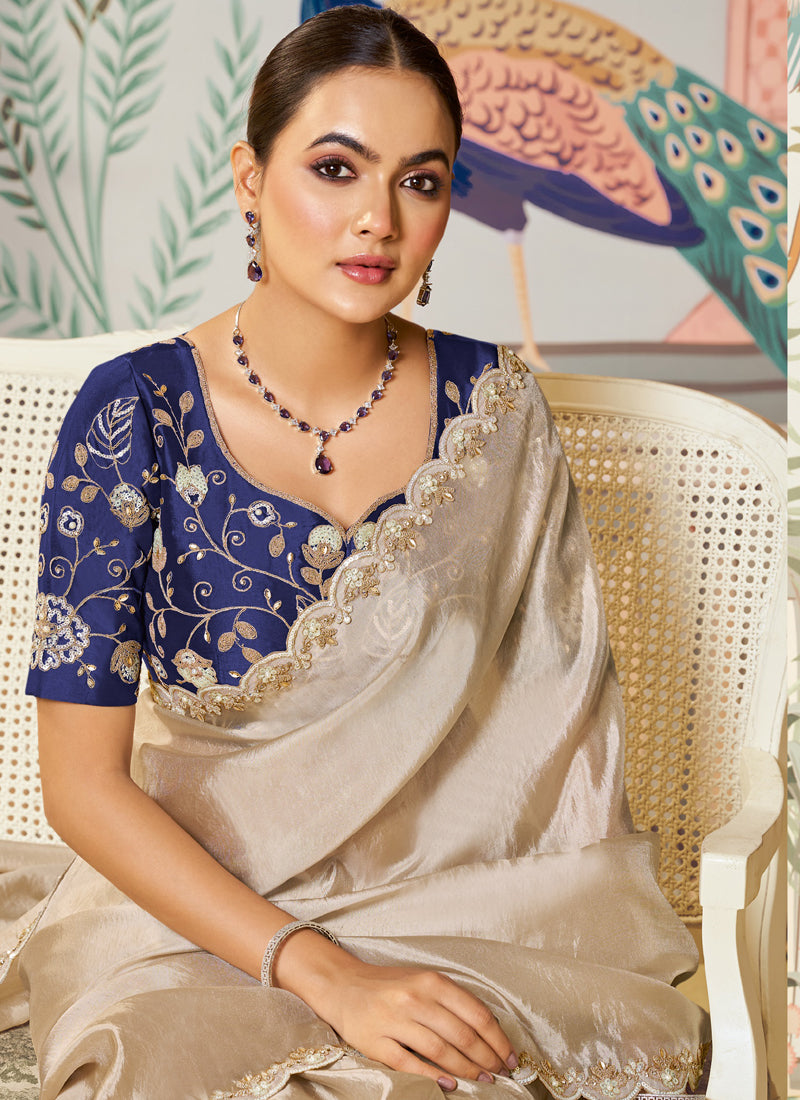 Beige Tussar Silk Designer Blouse Party Wear Saree