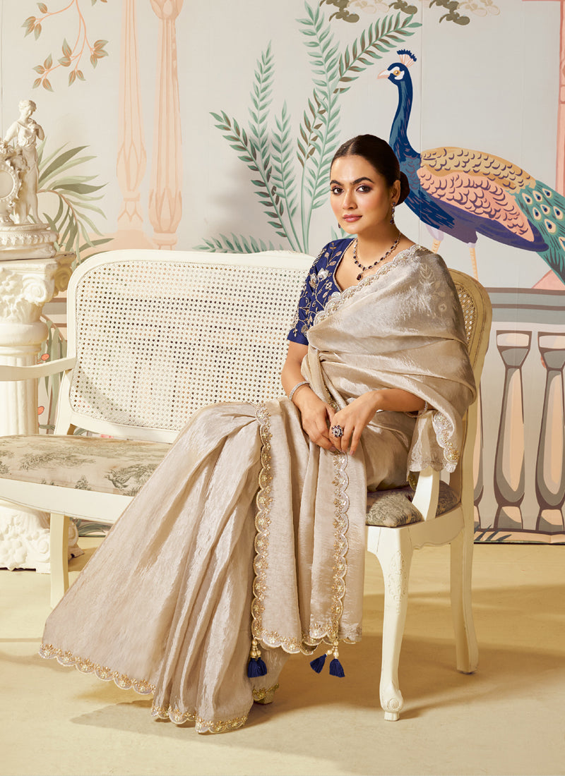 Beige Tussar Silk Designer Blouse Party Wear Saree