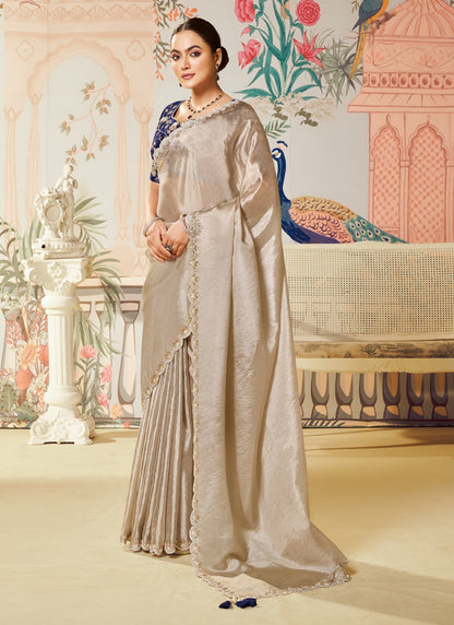 Beige Tussar Silk Designer Blouse Party Wear Saree