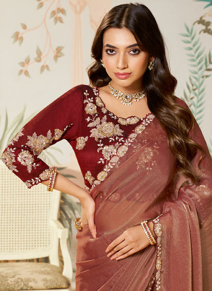 Light Maroon Satin Silk Organza Designer Blouse Party Wear Saree
