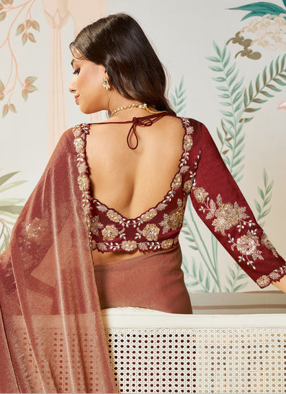 Light Maroon Satin Silk Organza Designer Blouse Party Wear Saree