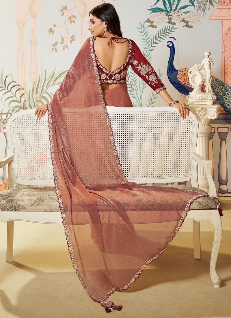 Light Maroon Satin Silk Organza Designer Blouse Party Wear Saree
