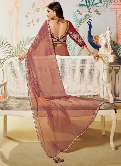 Light Maroon Satin Silk Organza Designer Blouse Party Wear Saree
