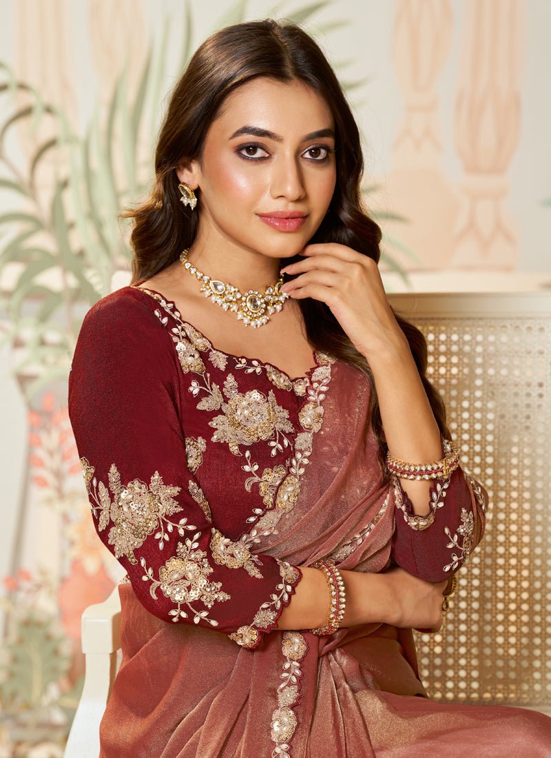 Light Maroon Satin Silk Organza Designer Blouse Party Wear Saree