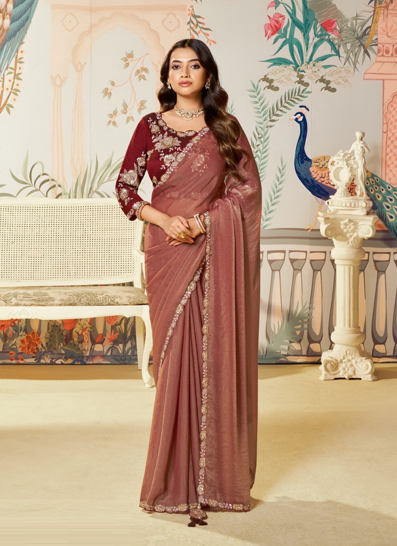 Light Maroon Satin Silk Organza Designer Blouse Party Wear Saree